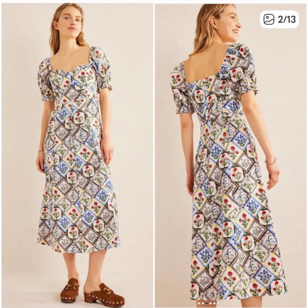 EUC Boden Sweetheart Linen Midi Dress - Ivory and Blue Floral.  Size 10P
